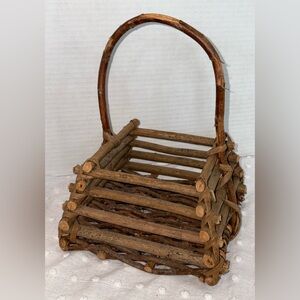 Handcrafted twig , basket square with handle real wood, rustic cabin cottage